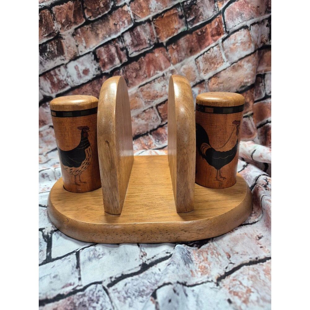 Vintage Kamenstein 3 Piece Wooden Salt Pepper Napkin Holder Chicken Corn EUC